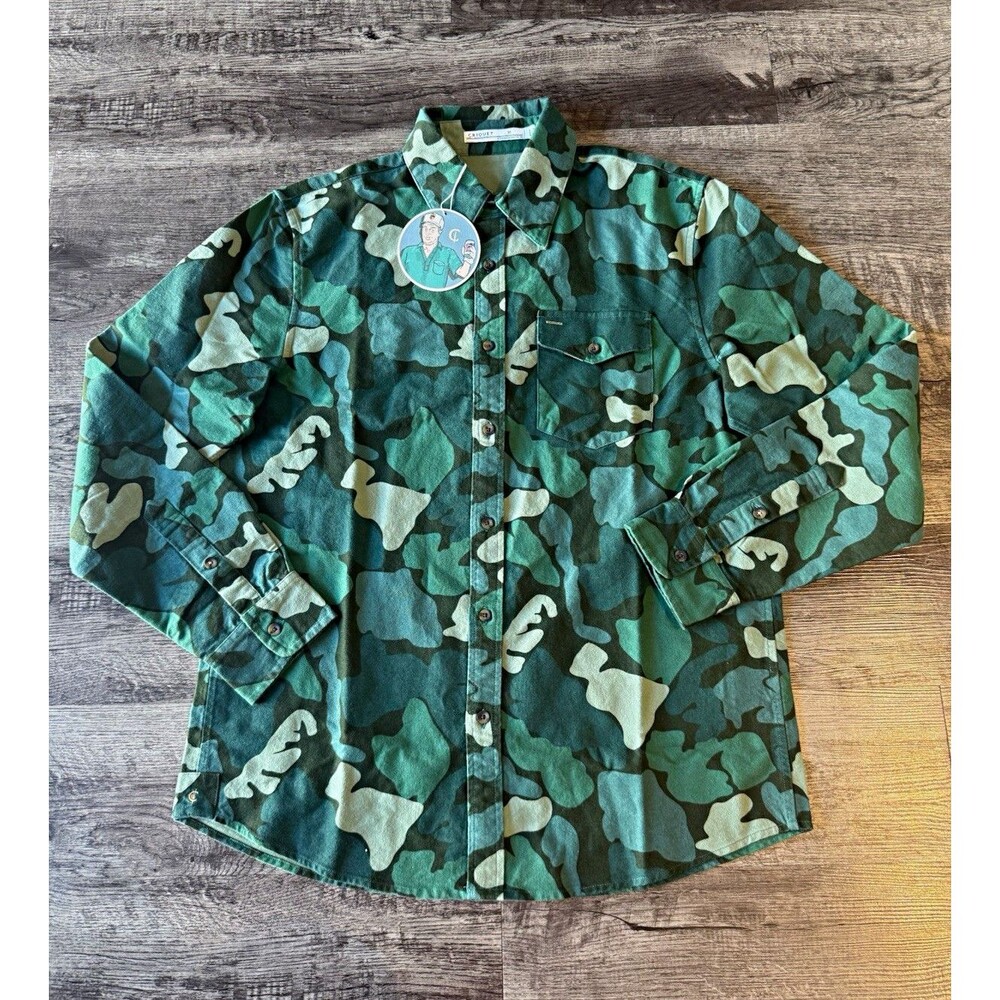 Criquet Button Up Shirt Mens M Green Camouflage Long Sleeve Cotton Pockets